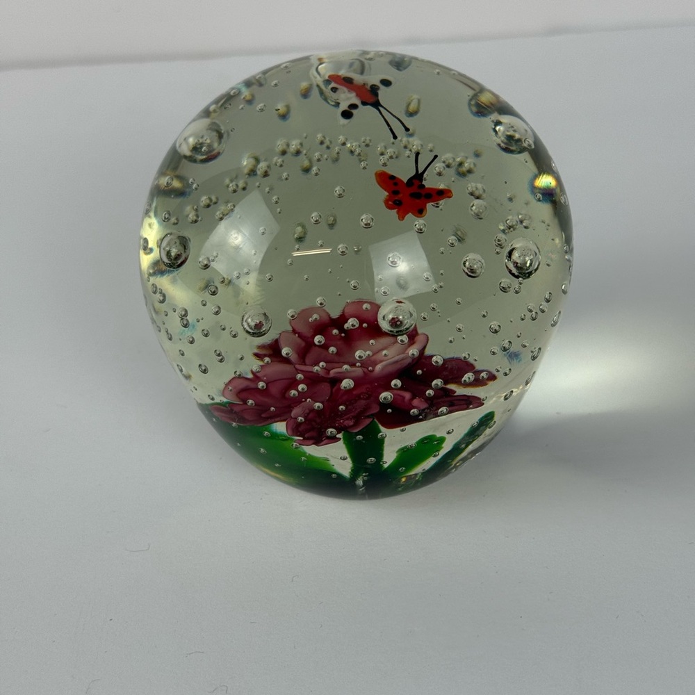 Vintage-Inspired Glass Paperweight Pink Flower & Ladybugs 3.5” – 31.5 oz